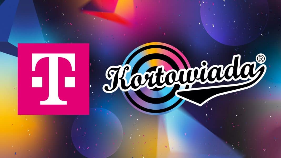 Logo T-Mobile i Kortowiady na kolorowym tle.