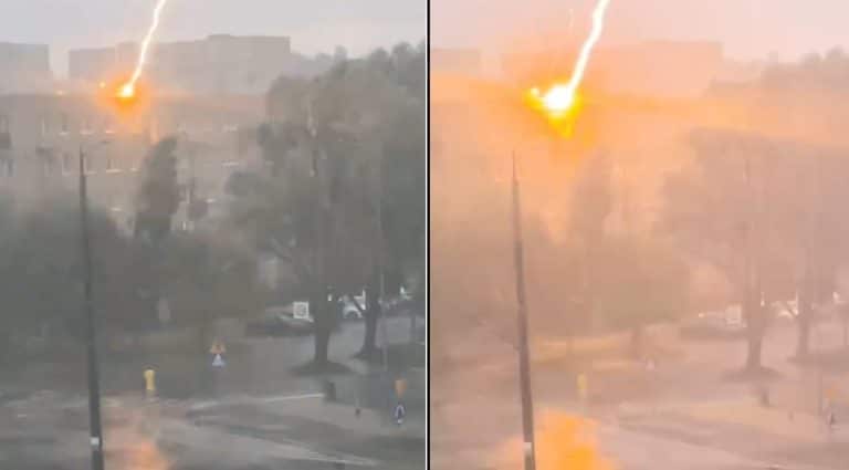 Uderzenie pioruna w blok mieszkalny uchwycone w Olsztynie