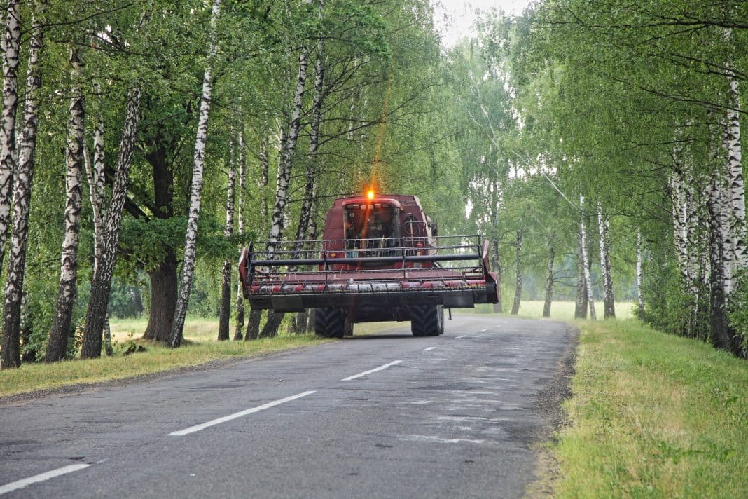 Harvester combine with yellow flashlighe drive on country asphalt road between the Birch trees in the village at summer day - harvesting, agriculture, farming in Belarus