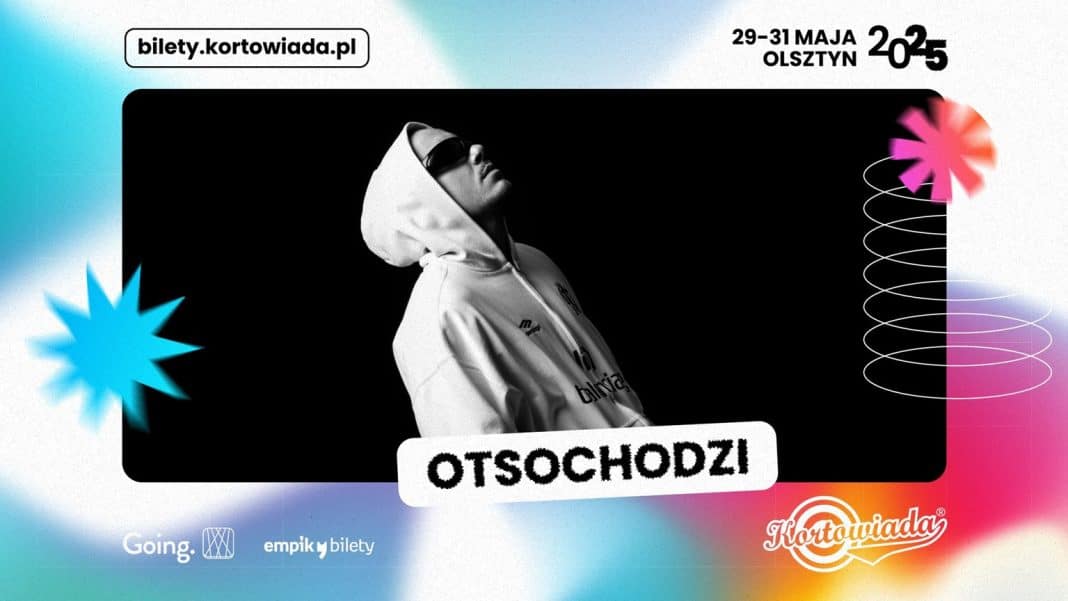 Otsochodzi w białej bluzie na tle kolorowych grafik.