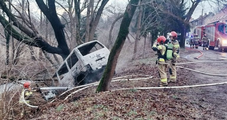Samochód zapalił się i uderzył w drzewo