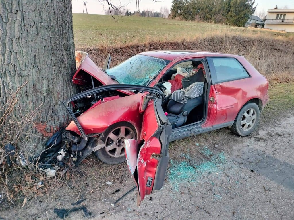 Wypadek na prostym odcinku drogi. - Potężna siła uderzenia w drzewo zamknęła kierowcę w pułapce. Mężczyzna nie żyje