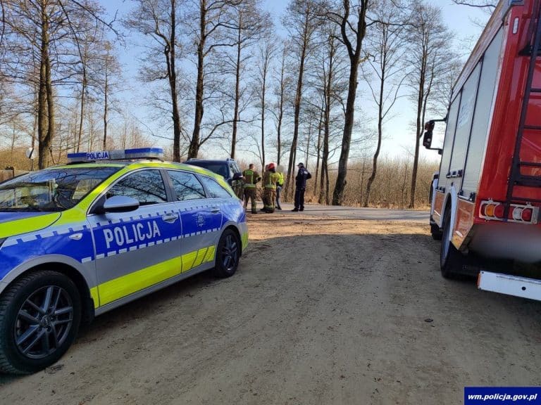 strażacy i policja nad jeziorem