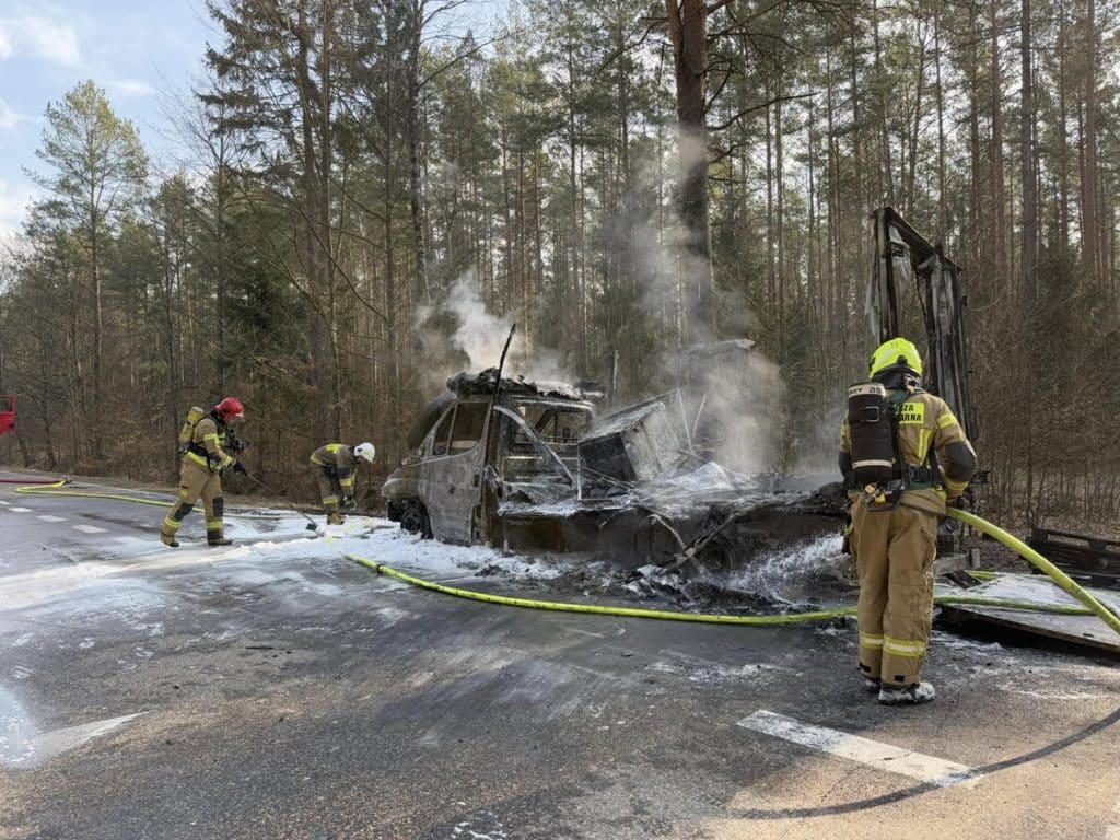 Strażacy gasili pożar auta na drodze. - Samochód dostawczy stanął w płomieniach na DW505