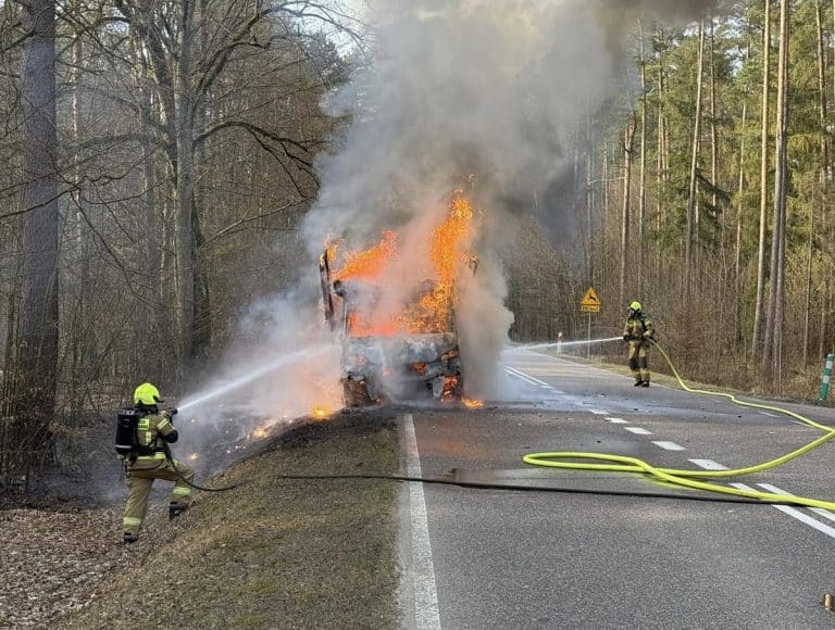 strażacy gaszą dostawczaka