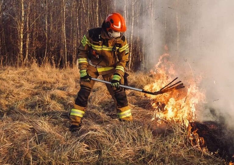 strażak gasi pożar traw