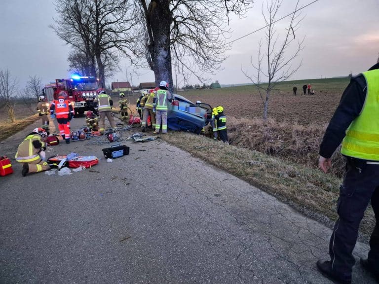 Porozrzucane elementy auta na jezdni