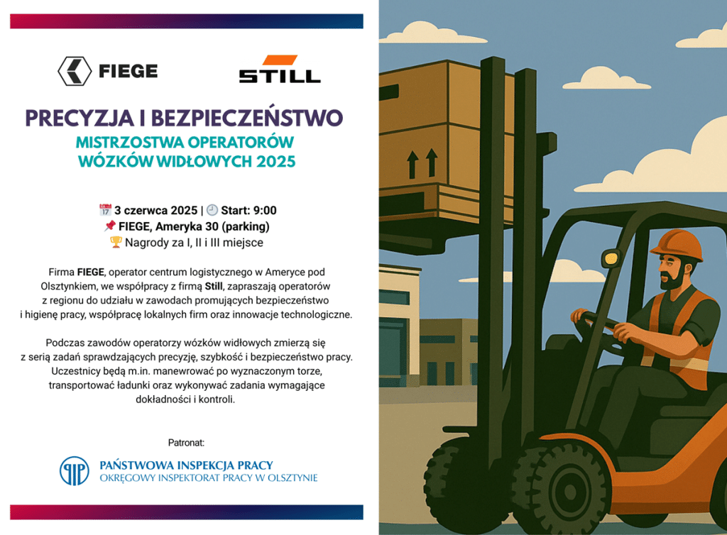 Ruszają zapisy. Praktyczne konkurencje sprawdzą precyzję i bezpieczeństwo. - Mistrzostwa operatorów wózków widłowych 2025 – zawody już 3 czerwca pod Olsztynkiem