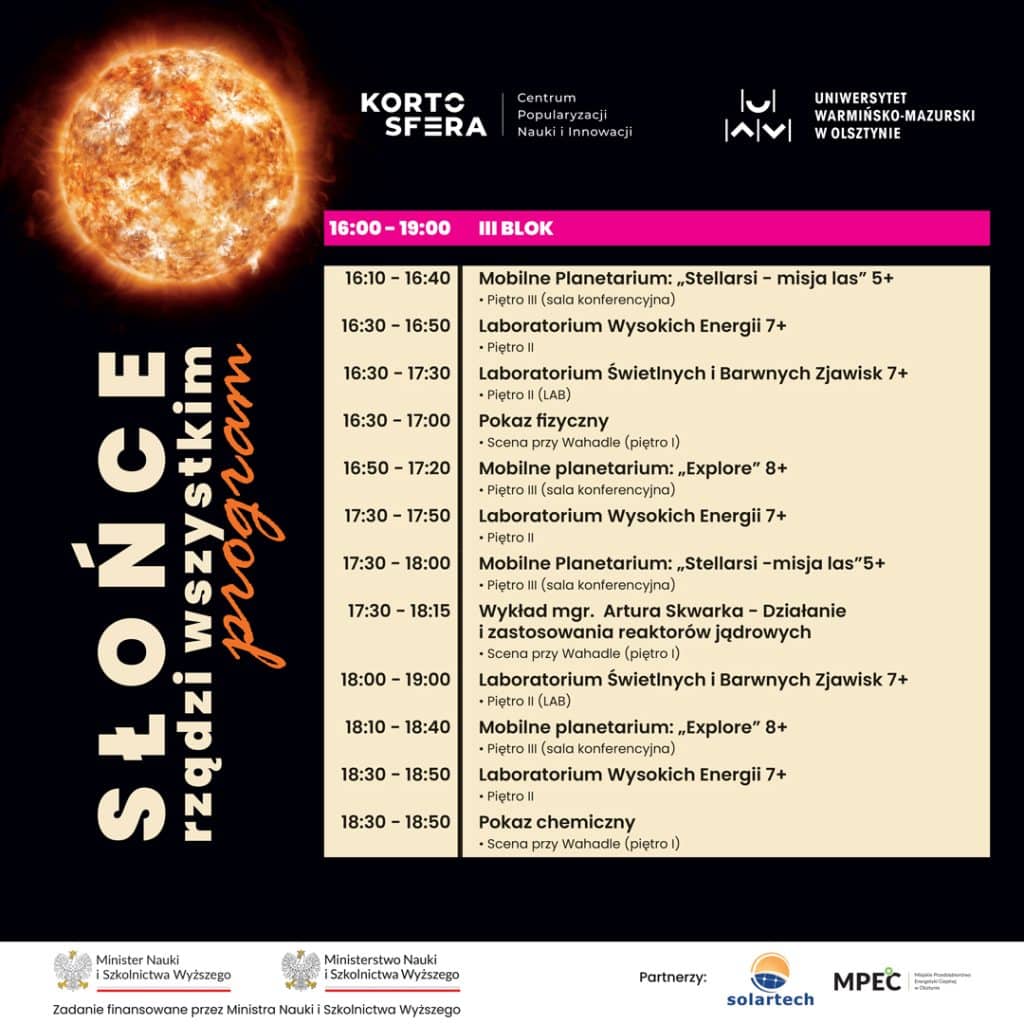 W Kortoferze wydarzenie „Słońce rządzi wszystkim”. - Wykłady, pokazy i zabawa w Kortosferze. Naukowy dzień pełen atrakcji w Olsztynie - wstęp wolny
