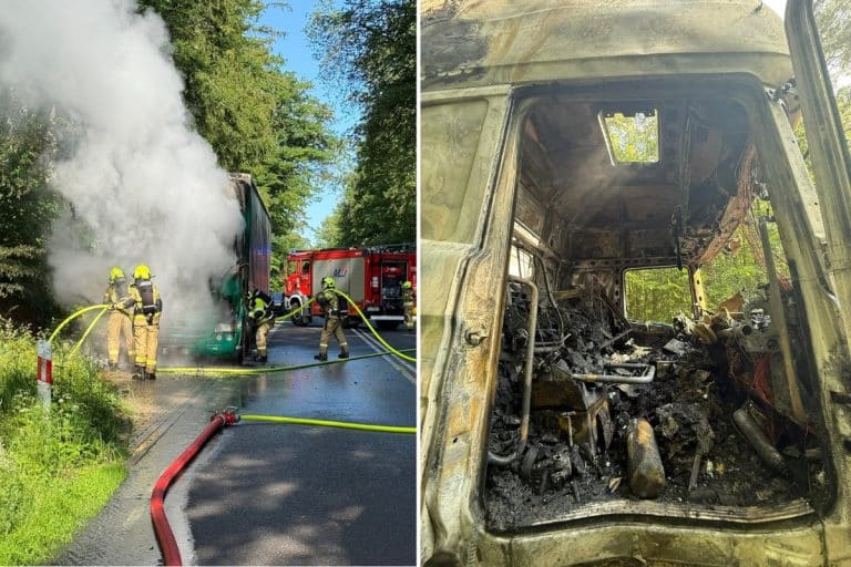 Płonący samochód ciężarowy