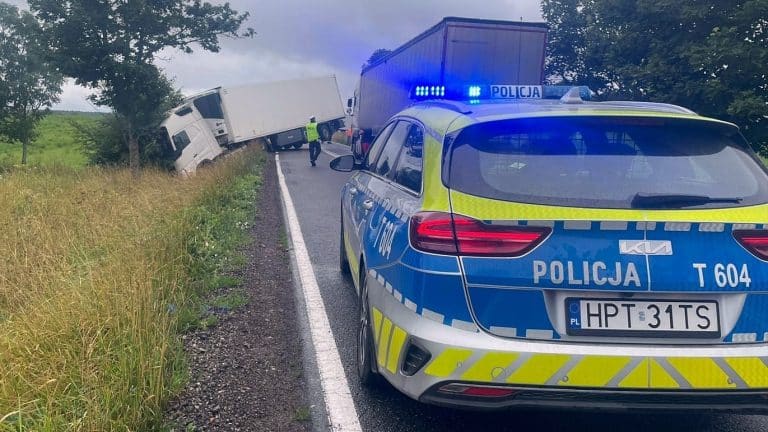 ciężarówka zjechała na pobocze i wpadła do rowu