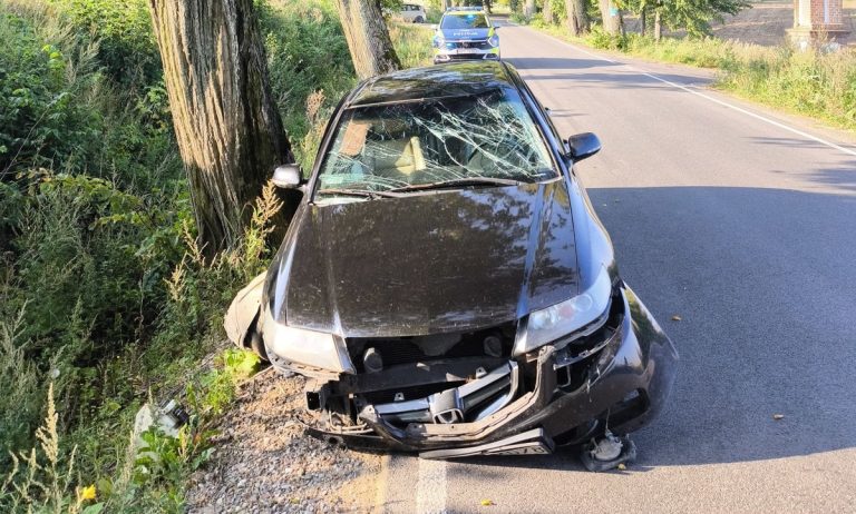 uszkodzone auto po kolizji z pniem drzewa
