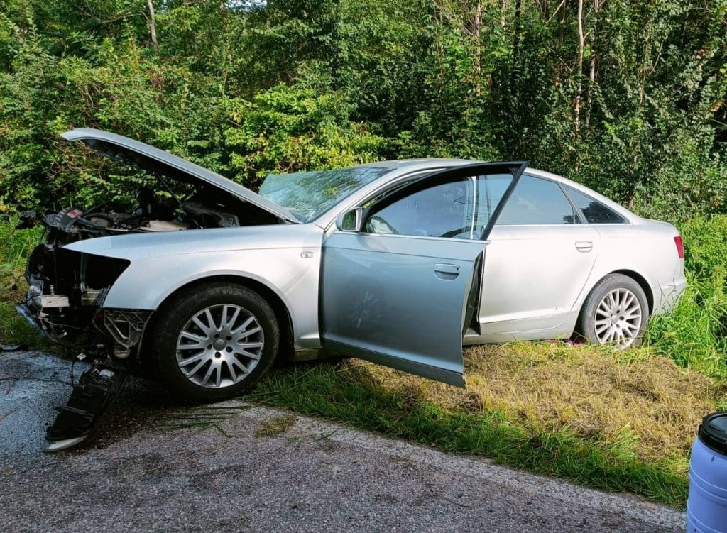 21-latek stracił panowanie na łuku drogi. - Audi roztrzaskało się na drzewie. Młoda kobieta trafiła do szpitala