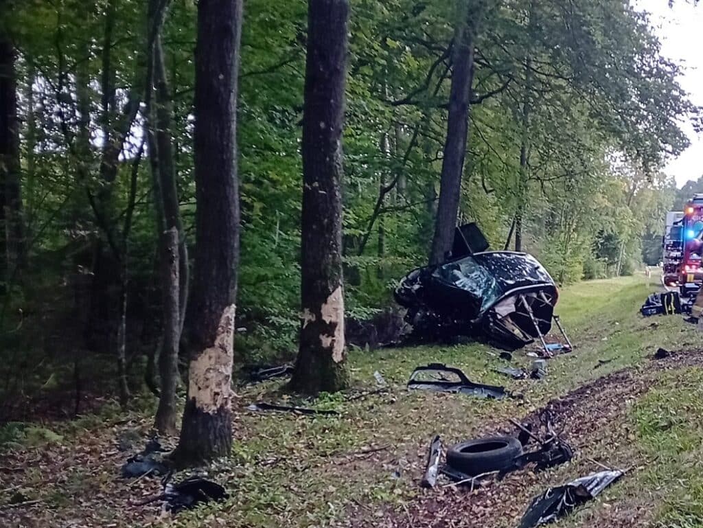 Tragiczne chwile na DK54. - Honda wypadła z trasy i uderzyła w drzewa. Kobieta i dziecko trafili do szpitala