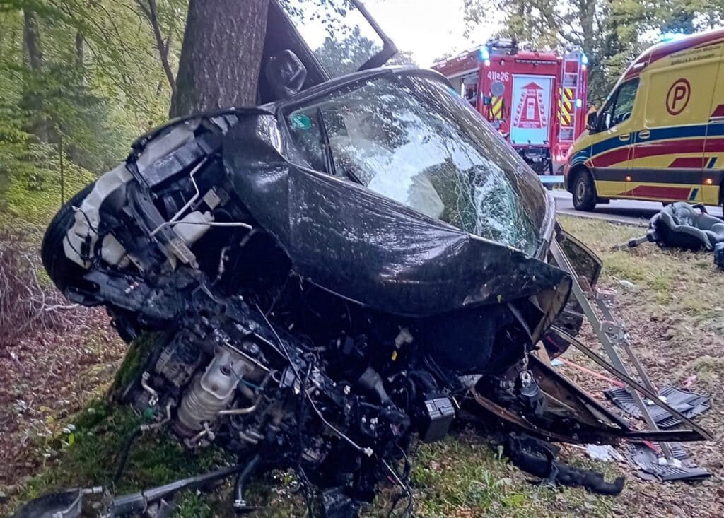 Tragiczne chwile na DK54. - Honda wypadła z trasy i uderzyła w drzewa. Kobieta i dziecko trafili do szpitala