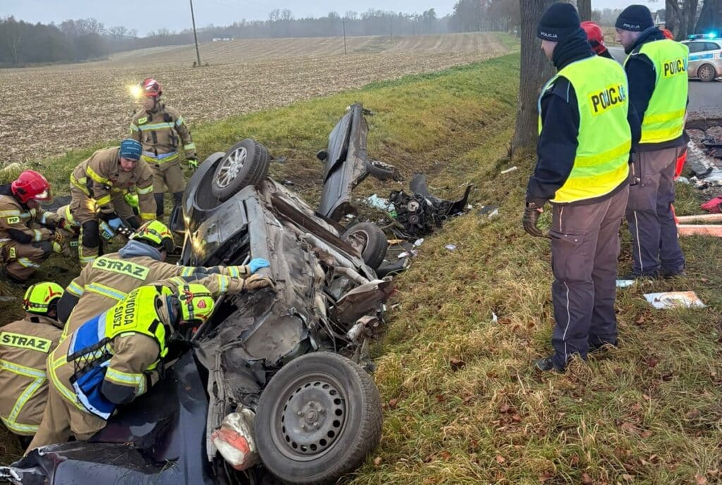 Śmiertelny wypadek na Warmii i Mazurach. Audi wypadło z drogi i uderzyło w drzewo. - Audi uderzyło w drzewo. 19-latek zginął na miejscu, 18-latka trafiła do szpitala
