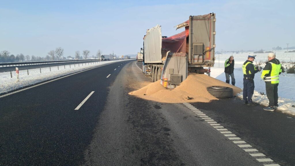 Ładunek wysypał się jak z kombajnu. - Zderzenie ciężarówek na S7. Wysypały się tony zboża na drogę