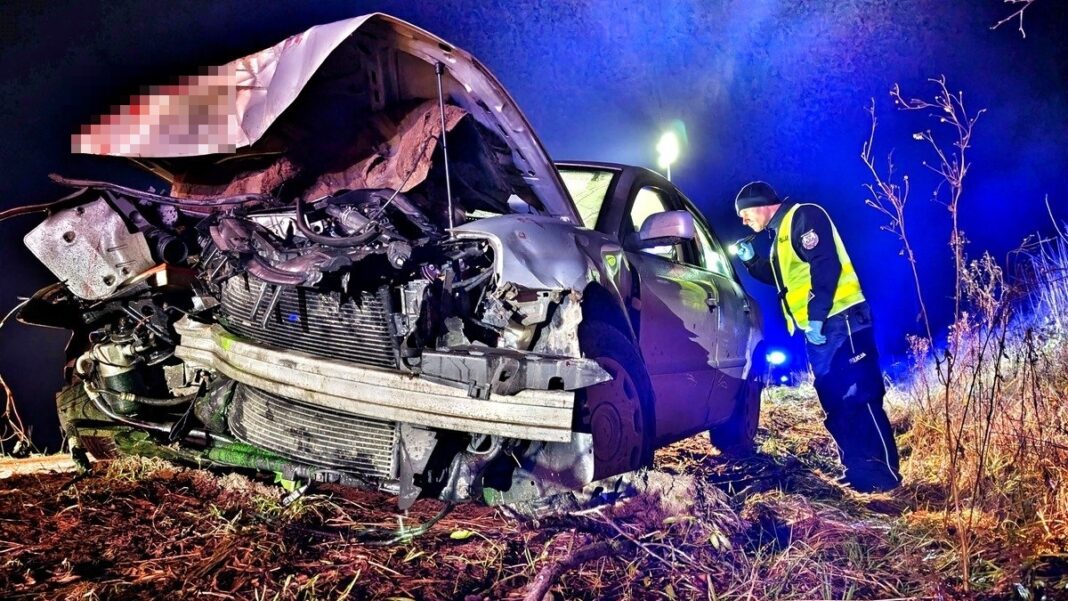 policjant sprawdza samochód po wypadku