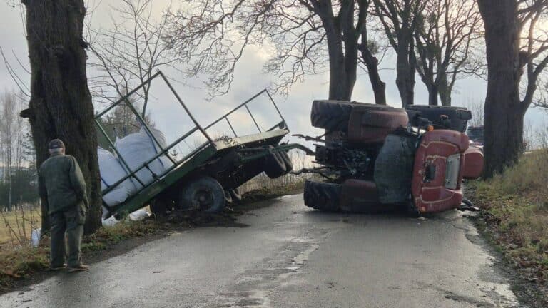 ciągnik z dłużycą wywrócony