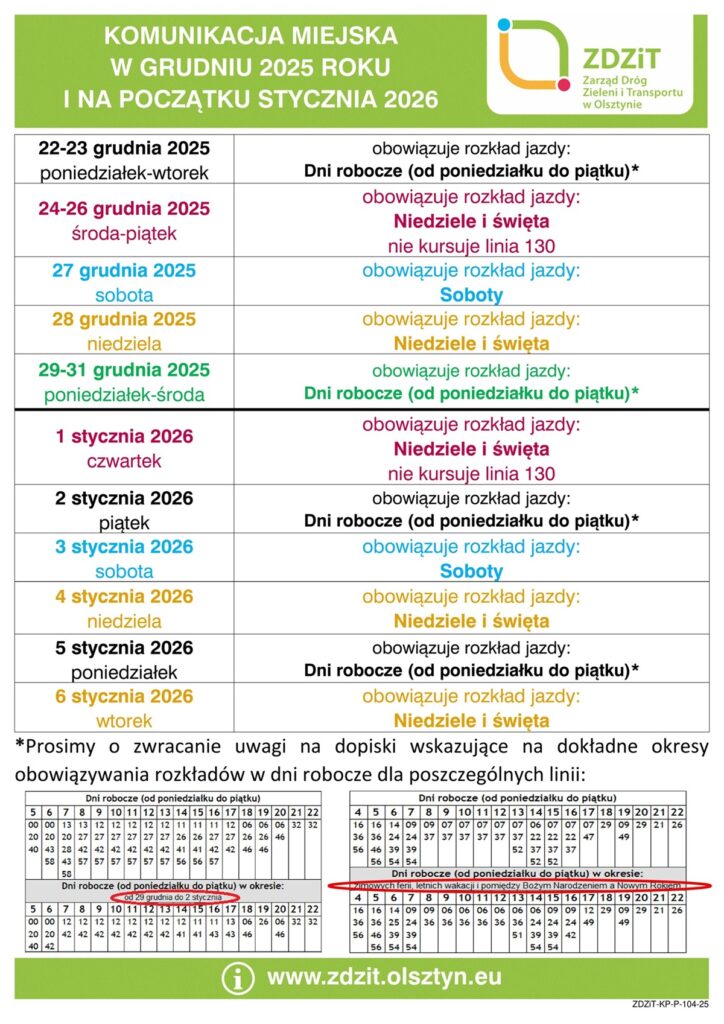 Świąteczne zmiany w komunikacji miejskiej w Oslztynie. - Jedziesz komunikacją w święta? Ten rozkład może cię zaskoczyć