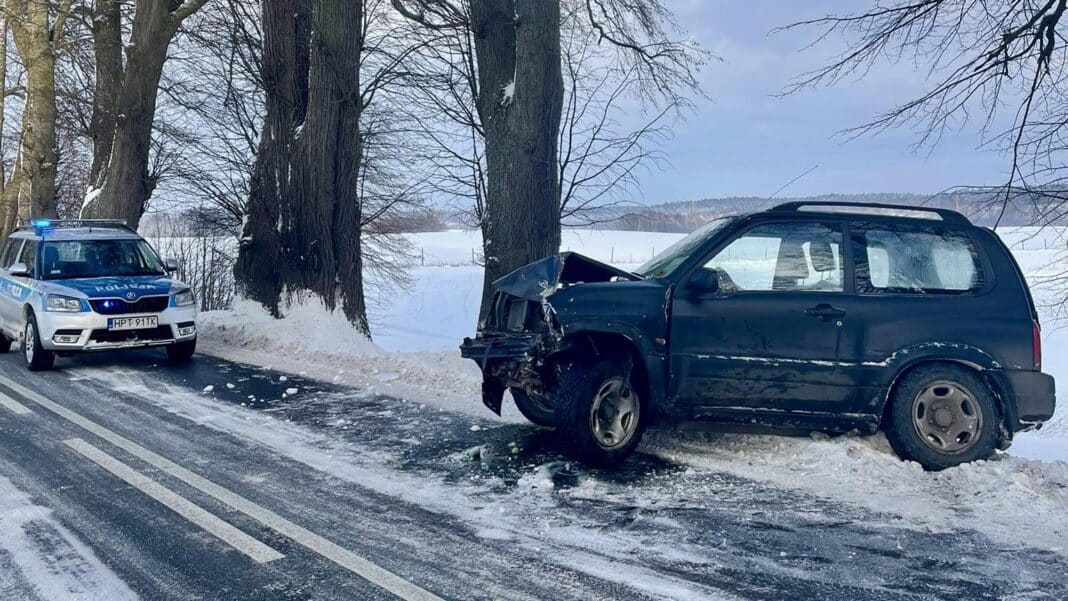 samochód uderzył w drzewo na oblodzonej trasie