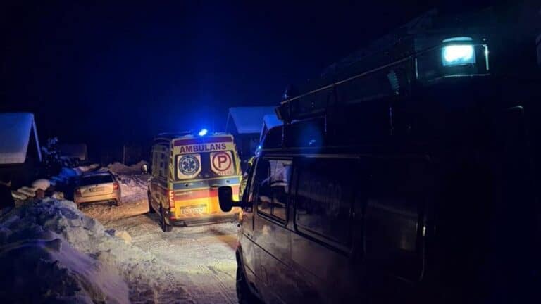 karetka i straż pożarna na zaśnieżonej drodze