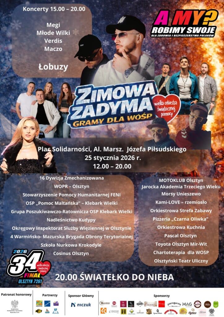 Olsztyn zagra dla WOŚP. Znamy gwiazdę wieczoru i pełny program wydarzenia. - Finał WOŚP 2026 w Olsztynie. Koncerty i atrakcje na Placu Solidarności