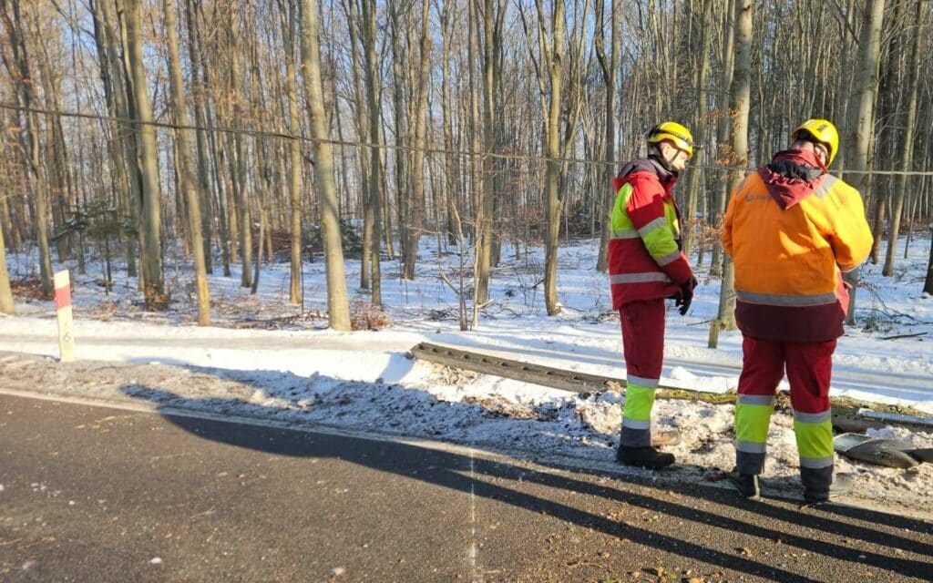 Strażacy zabezpieczali drogę, policja szuka sprawcy. - Paraliż na drodze krajowej: uszkodzone słupy i zerwana linia energetyczna