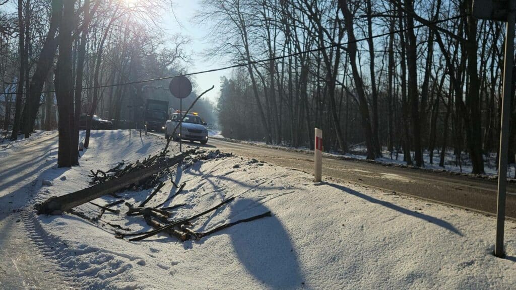 Strażacy zabezpieczali drogę, policja szuka sprawcy. - Paraliż na drodze krajowej: uszkodzone słupy i zerwana linia energetyczna