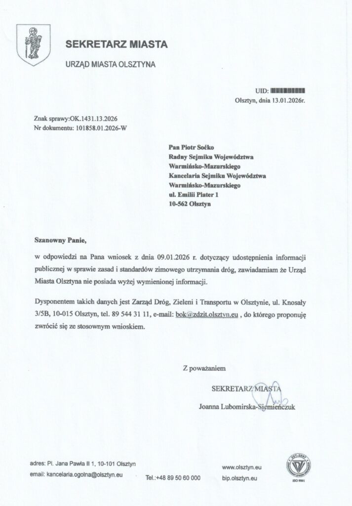 Robert Szewczyk nie wie, jak wygląda odśnieżanie? Ratusz rozkłada ręce, prezydent milczy. - Prezydent nie wie, jak odśnieżane są ulice Olsztyna? Radny ujawnia kompromitujące pismo