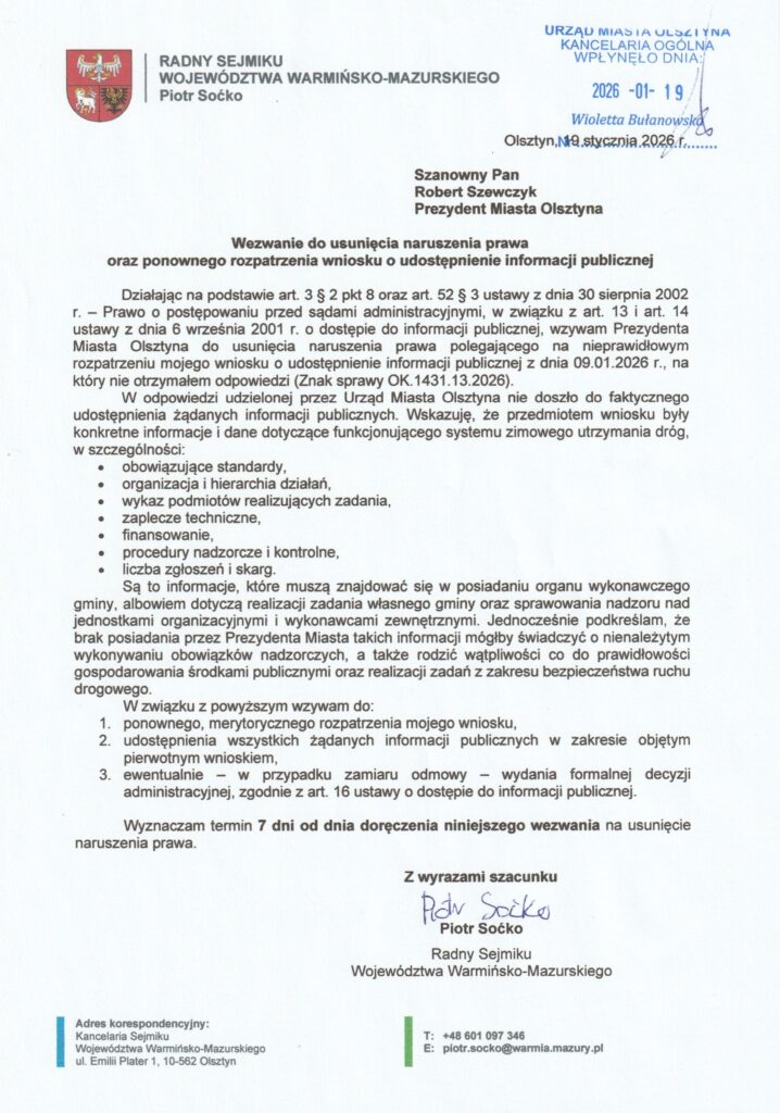 Robert Szewczyk nie wie, jak wygląda odśnieżanie? Ratusz rozkłada ręce, prezydent milczy. - Prezydent nie wie, jak odśnieżane są ulice Olsztyna? Radny ujawnia kompromitujące pismo