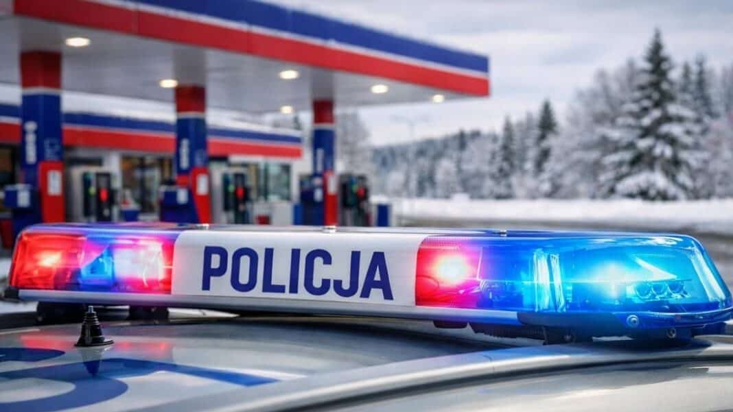 policja na stacji paliw zimą