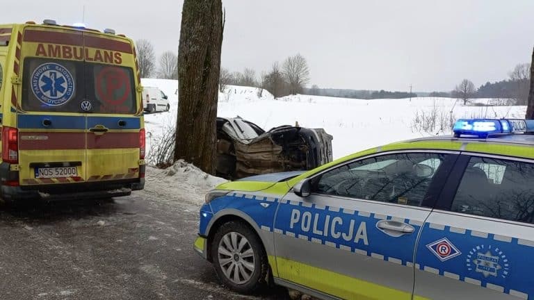 Rozbity samoch&oacute;d po uderzeniu w drzewo na drodze wojew&oacute;dzkiej, obok radiow&oacute;z i ambulans.