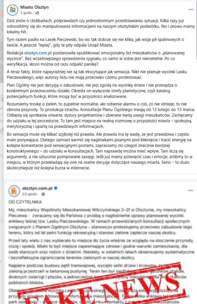 Zdjęcie przedstawia dwa wpisy na Facebooku dotyczące planowanej wycinki drzew w Lasku Pieczewskim, z dużym czerwonym napisem 'FAKE NEWS'.