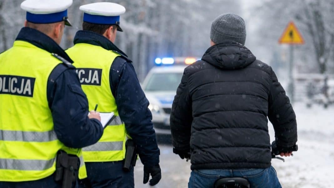 Policjanci zatrzymują rowerzystę na drodze w zimowej scenerii, w tle pojazd z włączonymi sygnałami świetlnymi.
