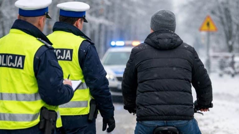 Policjanci zatrzymują rowerzystę na drodze w zimowej scenerii, w tle pojazd z włączonymi sygnałami świetlnymi.