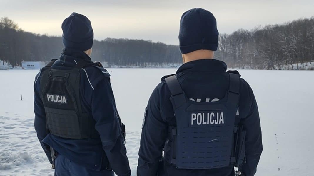 Dw&oacute;ch policjant&oacute;w patrzy na zamarznięte jezioro w zimowej scenerii.