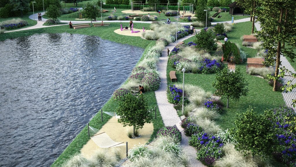 Widok na nową strefę relaksu nad wodą z alejkami, roślinami i miejscami do odpoczynku.