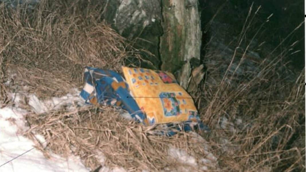 Noworodek owinięty w koc leży w rowie obok kamienia i traw, w pobliżu Kazimierzowa.