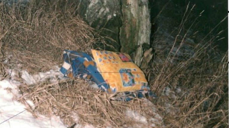 Noworodek owinięty w koc leży w rowie obok kamienia i traw, w pobliżu Kazimierzowa.