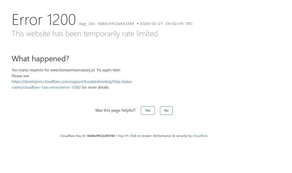 Ekran z komunikatem o błędzie 1200 na stronie internetowej, informującym o zbyt dużej liczbie żądań.
