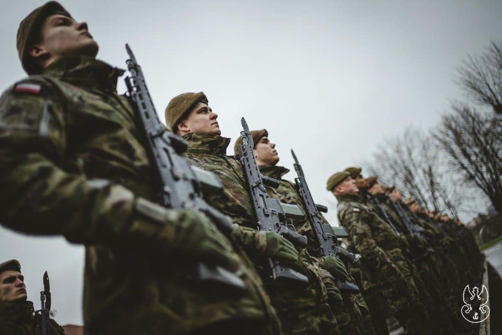 Żołnierze Wojska Obrony Terytorialnej w kamuflażu, stojący w szeregu na zewnątrz, z broniami na ramionach.