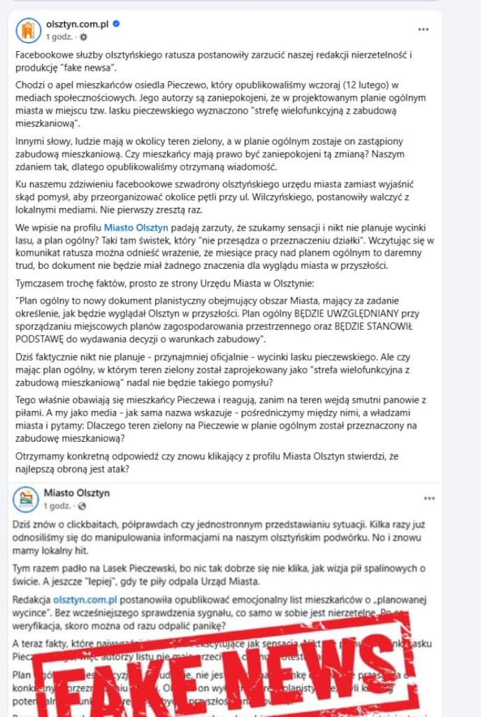 Zdjęcie przedstawia ekran z wpisem na Facebooku dotyczącym sporu o plan zagospodarowania terenu w Pieczewie.