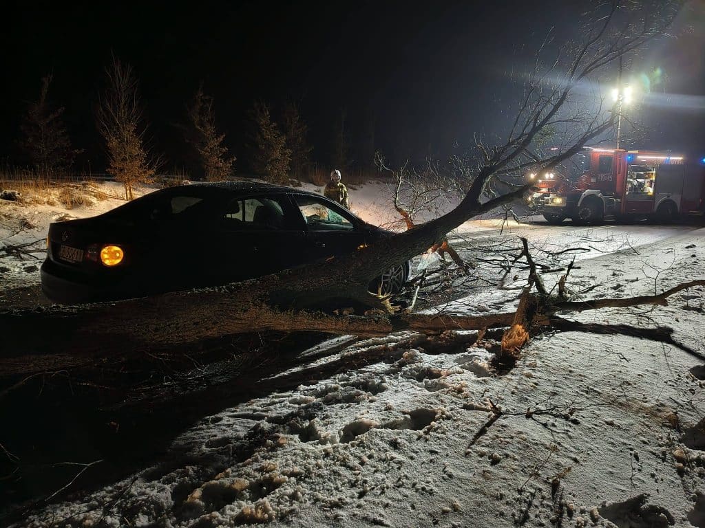 Samoch&oacute;d pod drzewem, kt&oacute;re spadło na drogę w nocy, z ratownikami w tle.