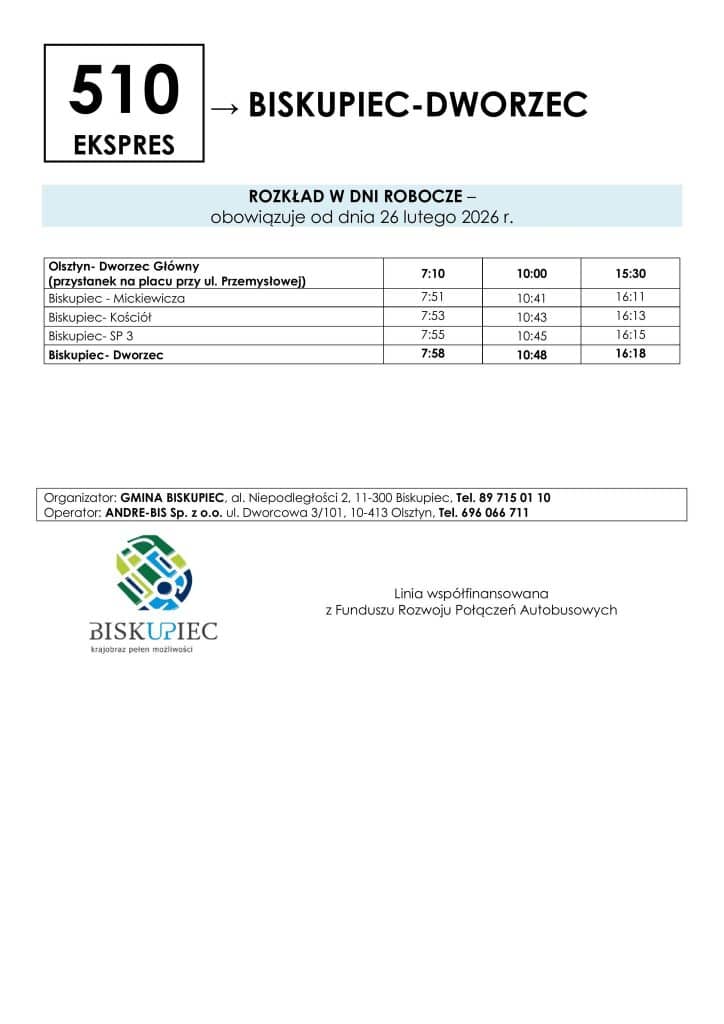 Grafika rozkładu jazdy linii autobusowej 510 ekspres z Biskupca do Olsztyna, z trzema kursami w dni robocze.
