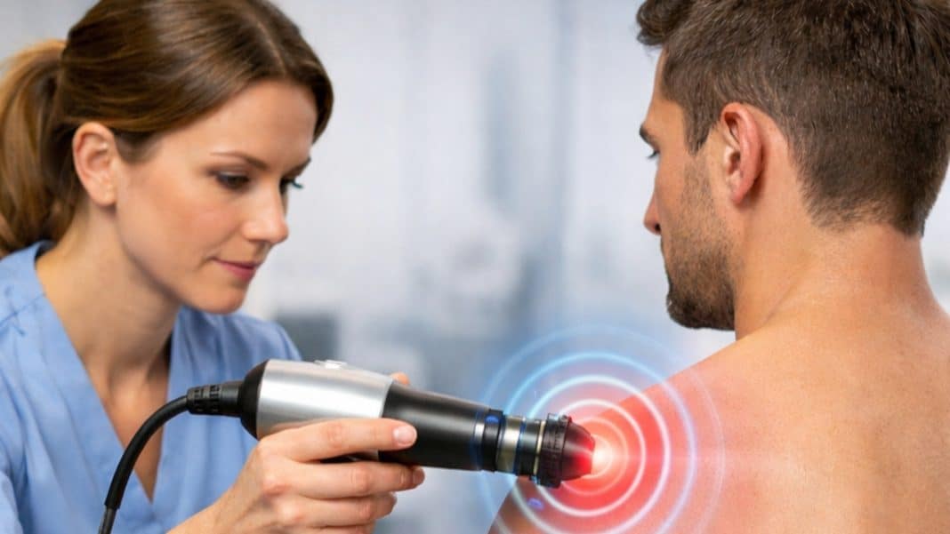 Terapeuta używa urządzenia do terapii fali uderzeniowej na plecach pacjenta.