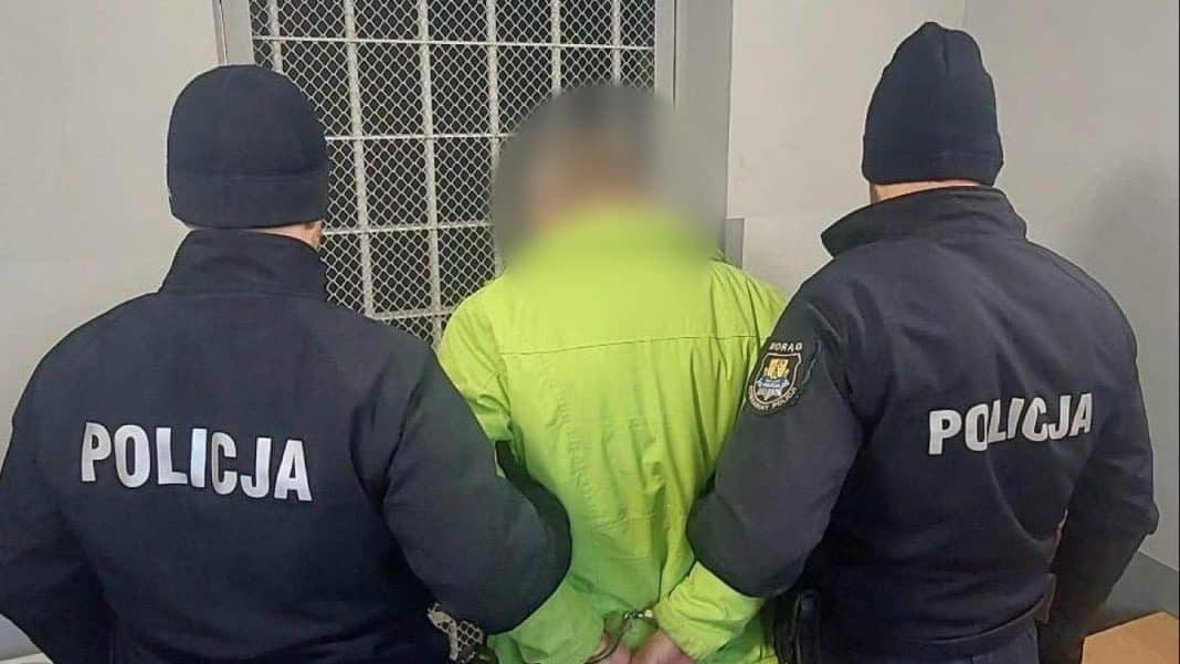 Policjanci zatrzymują mężczyznę w zielonej kurtce, odwr&oacute;conego tyłem, w mieszkaniu.