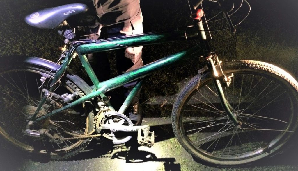 Rowerzysta zatrzymany przez patrol na drodze, trzymający rower w ciemności.