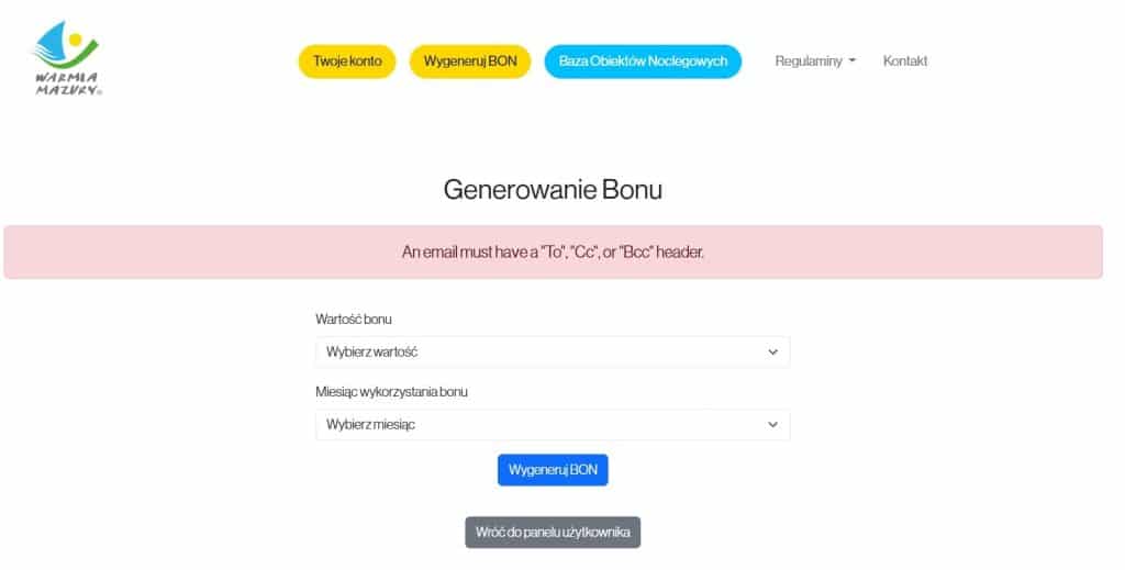 Strona internetowa do generowania regionalnego bonu turystycznego na Warmii i Mazurach, z opcjami wyboru wartości i miesiąca.