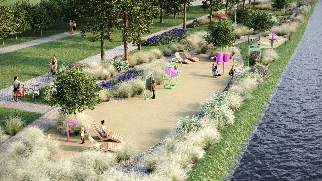 Wizualizacja nowej strefy relaksu nad wodą z ławkami, ścieżkami i roślinami, obok akwenu.